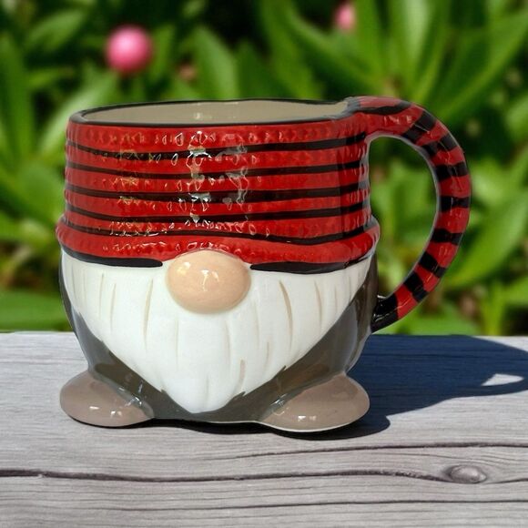NEW Sleigh Bell Bistro Gnome Coffee/Tea Mug. With Red Striped Tobogan Hat - Picture 1 of 9
